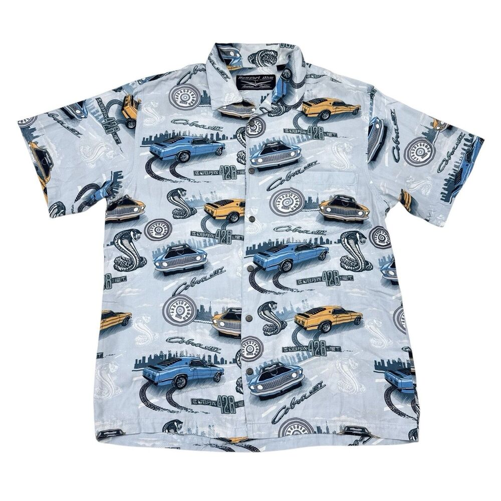 Vintage Newport Blue Ford Cobra 428 Shirt Mens Size Large Short Sleeve Button Up